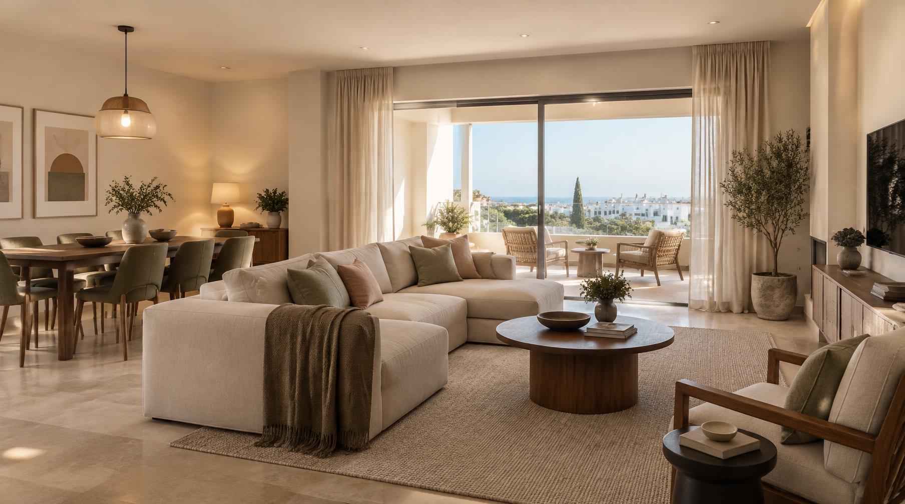 Sala de estar de apartamento renovado no Algarve, em tons bege quentes, travertino e nogueira